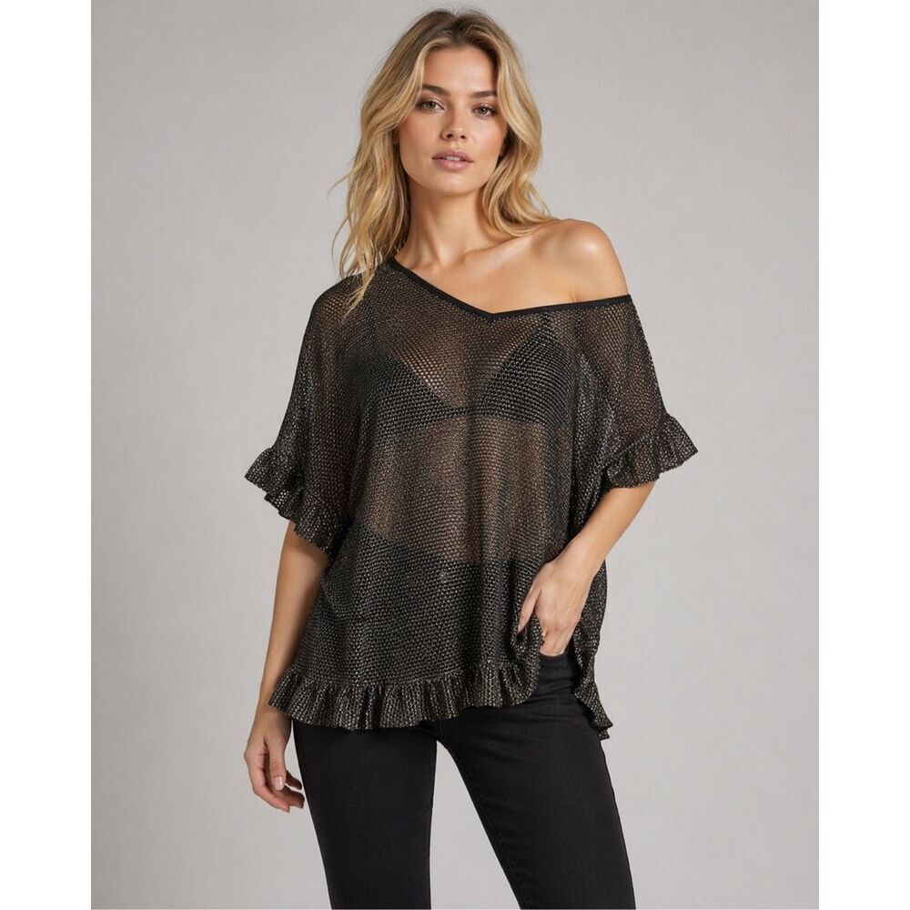 NWOT Kova & T Metallic Mesh Ruffle Tunic Top Sheer Black Gray XS (104)
